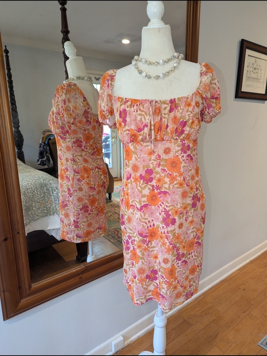 Primark Dresses & Skirts - Primark Pink & Orange Floral Square-Neck Puff Sleeve Mini Dress